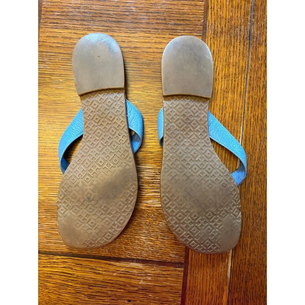 Tory Burch Thora Sandal 8M Chambray Blue Snake Leather Logo Thong Flip Flop Shoe